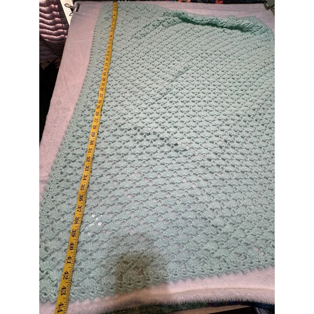Vintage Aqua Hand Crocheted Soft Knitted Baby Blanket Throw Afghan Unisex 34x44